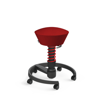 Aeris Swopper office stool with red seat and matching spring, black frame and castors.