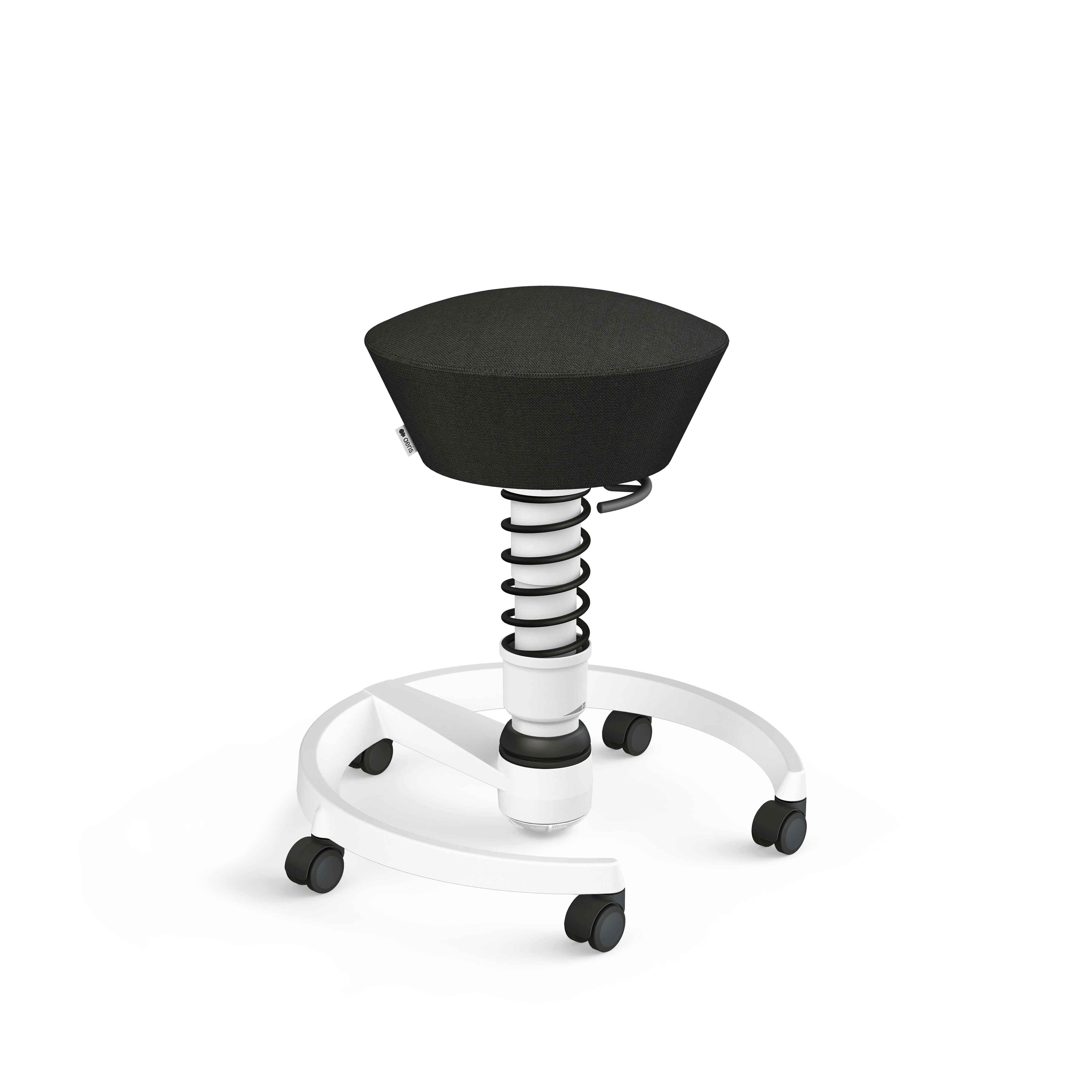 Aeris Swopper office stool with black seat and matching spring, white frame and castors.