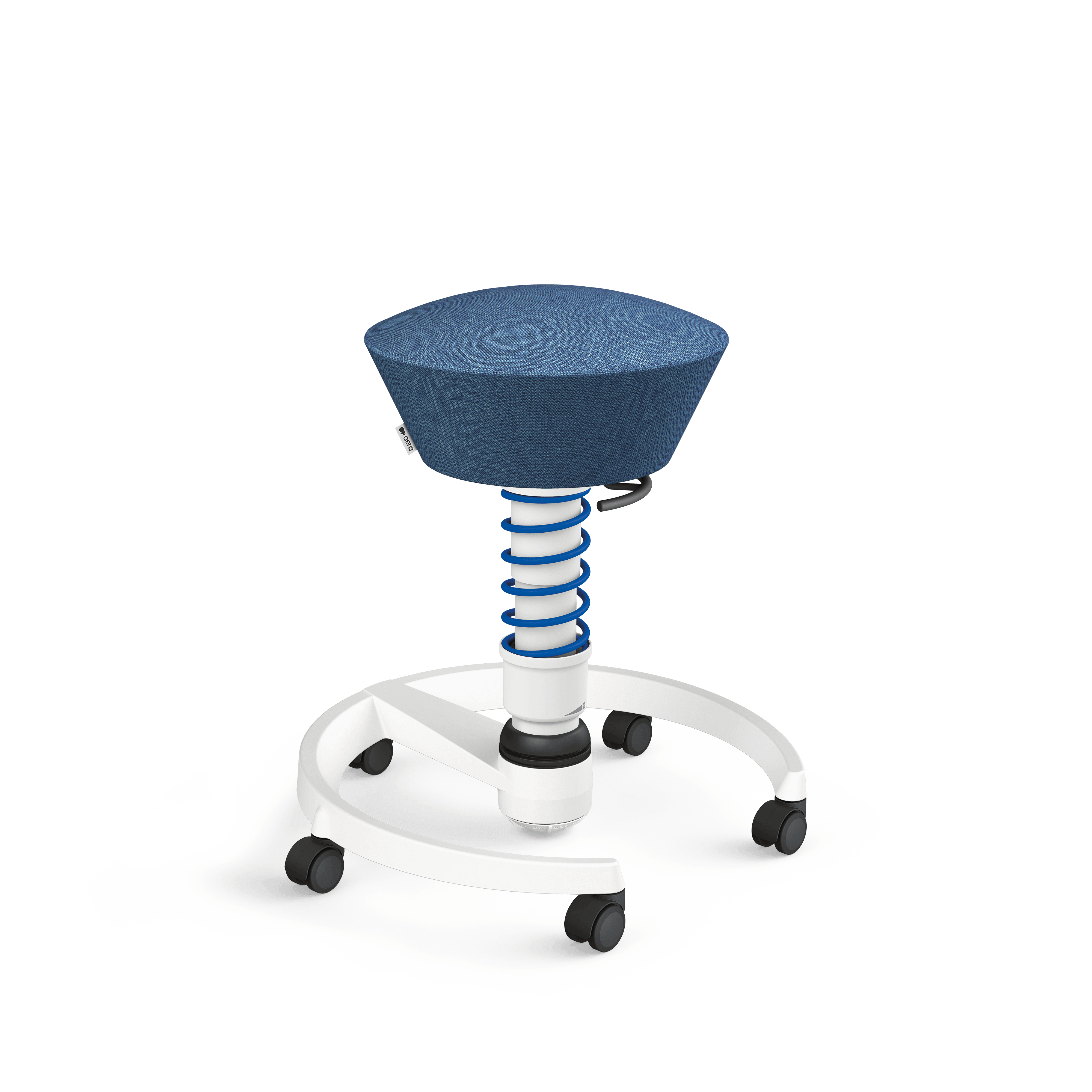 Aeris Swopper office stool with blue seat and matching spring, white frame and castors.