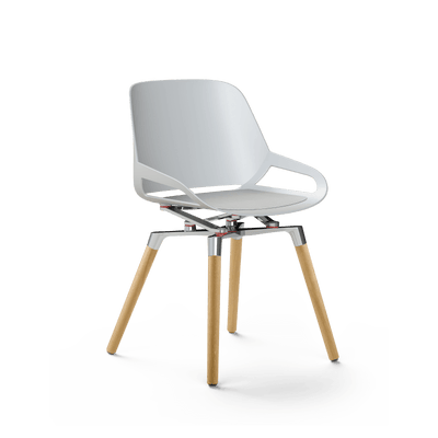 Design chair Aeris Numo with wooden legs, white shell and high gloss polished kinematics.
