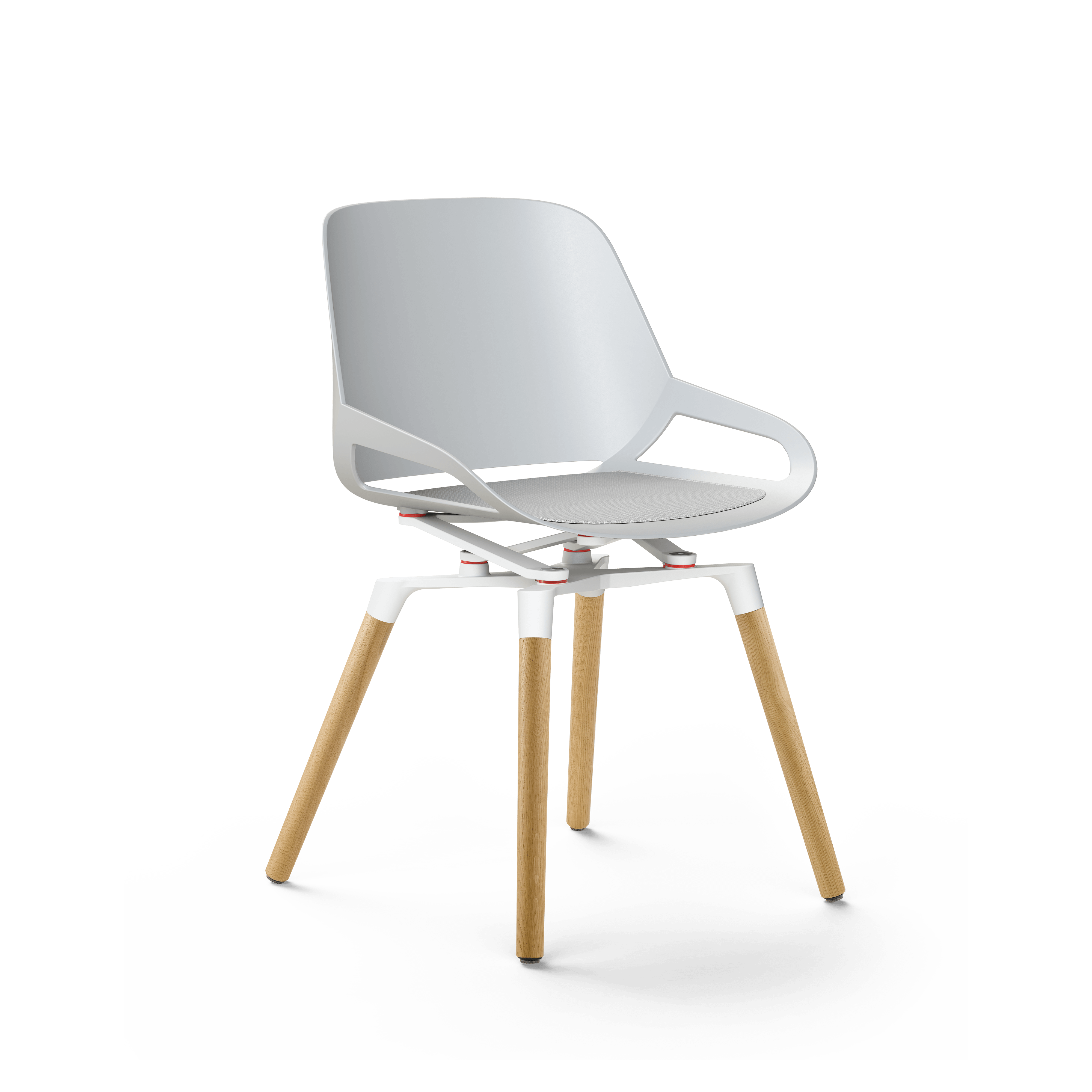 Design chair Aeris Numo with wooden legs, white shell and white kinematics.